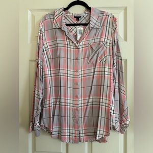 Torrid Grey Pink Plaid Long Sleeve Button Down